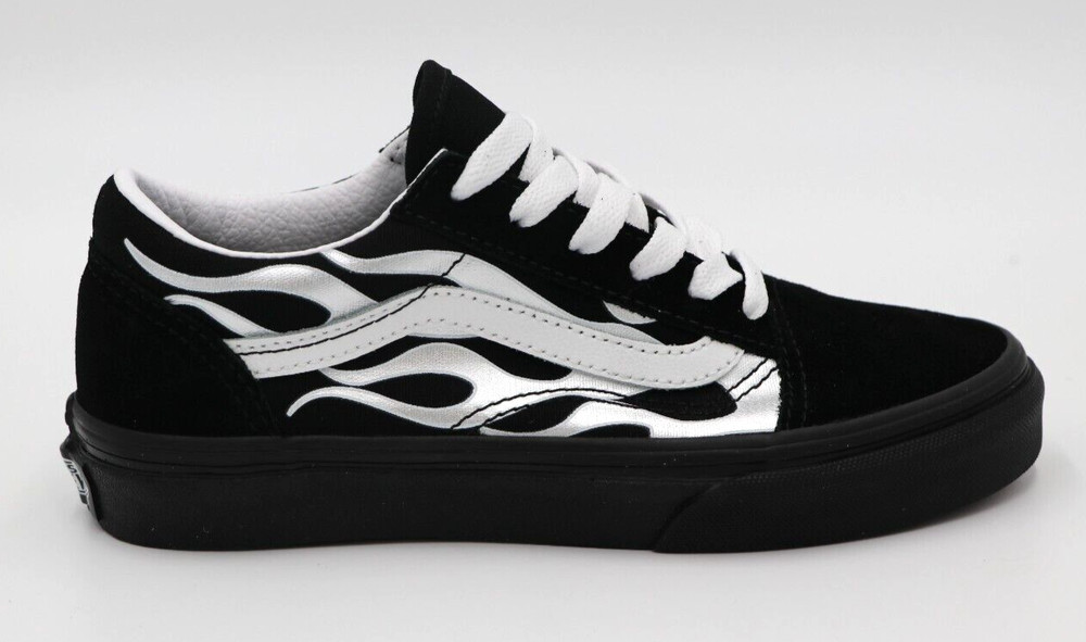 Vans Old Skool Metallic Flame Black/Silver Youth Sizes (Free Shipping)