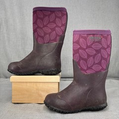 Bogs Kids Rain Boots Purple Leaf Print Burgundy Waterproof Insulated Size 12
