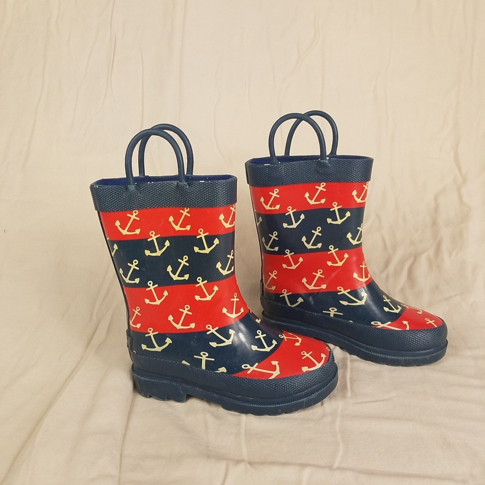 Lily & Dan Kids Nautical Anchor Striped Rubber Rain Boots Red Navy Blue Size 7/8