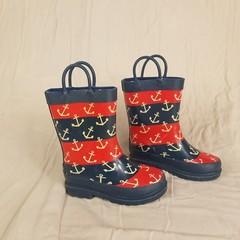 Lily & Dan Kids Nautical Anchor Striped Rubber Rain Boots Red Navy Blue Size 7/8