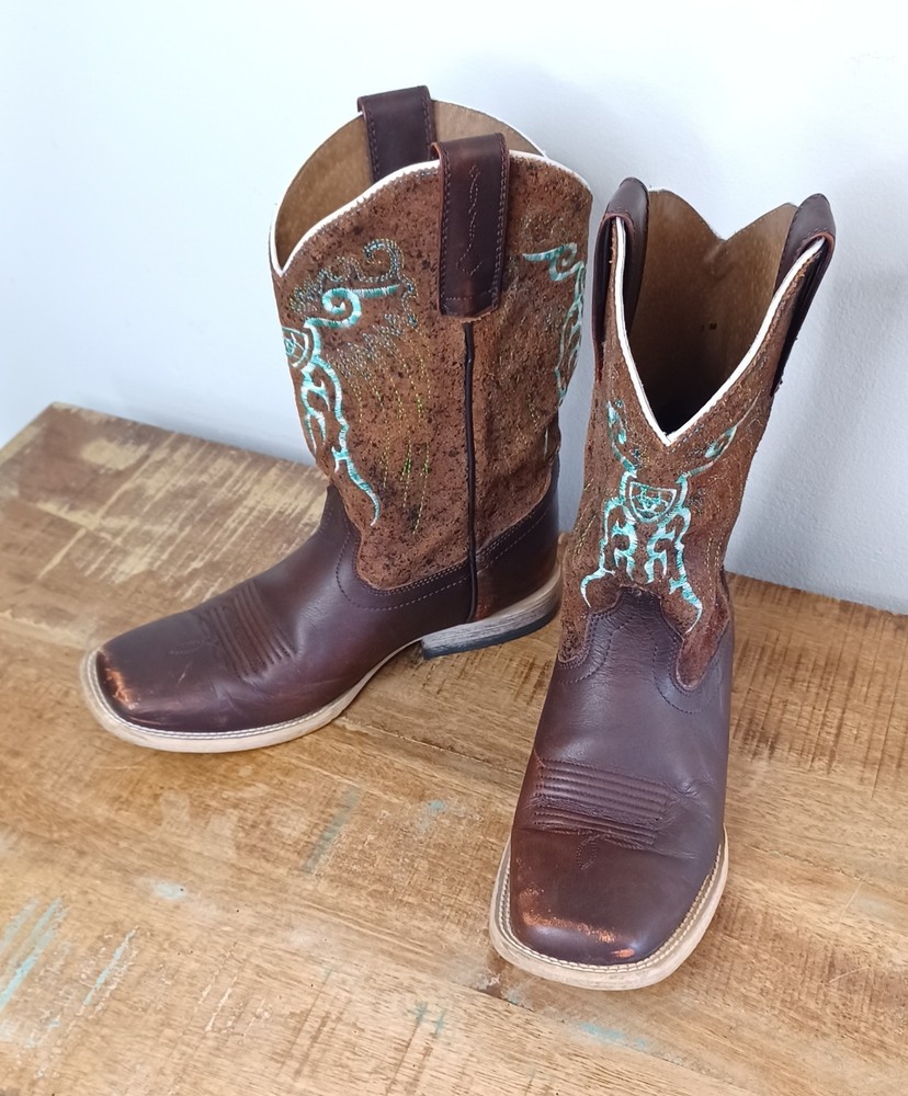 Ariat Brown & Teal Leather Square Toe Cowboy/Cowgirl Boots Youth Sz 3 10019918