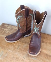 Ariat Brown & Teal Leather Square Toe Cowboy/Cowgirl Boots Youth Sz 3 10019918