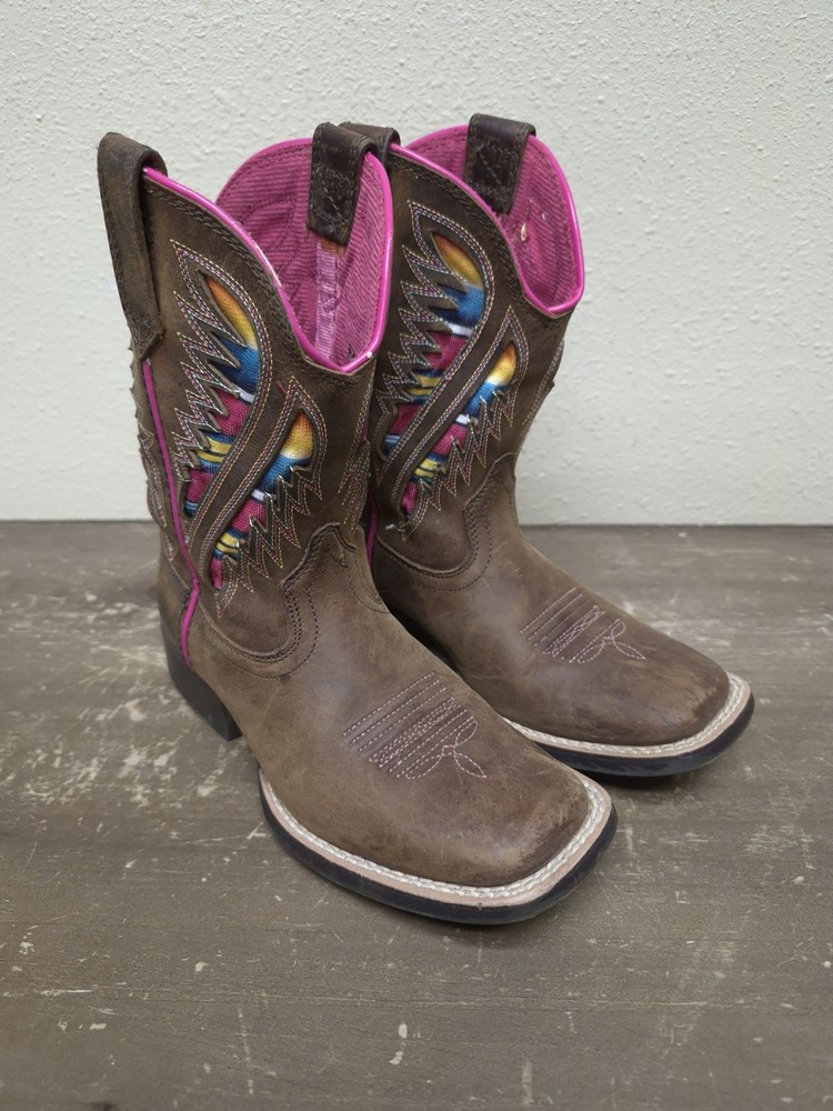 Ariat Quickdraw VentTek Brown Leather Square Toe Cowboy Boots Girls Boys Sz 12