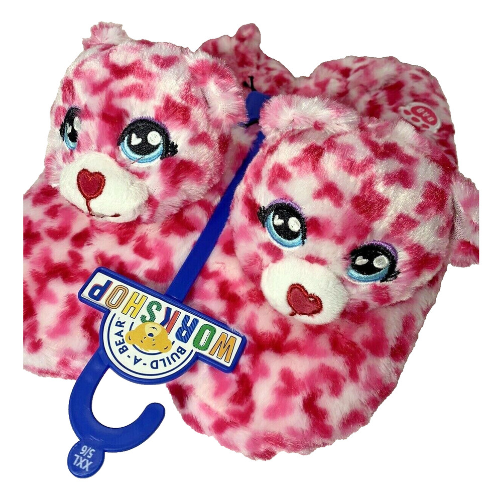 Pink Red Teddy Bear Plush Slipper Size XXL Kids 5-6 Build a Bear Workshop NEW
