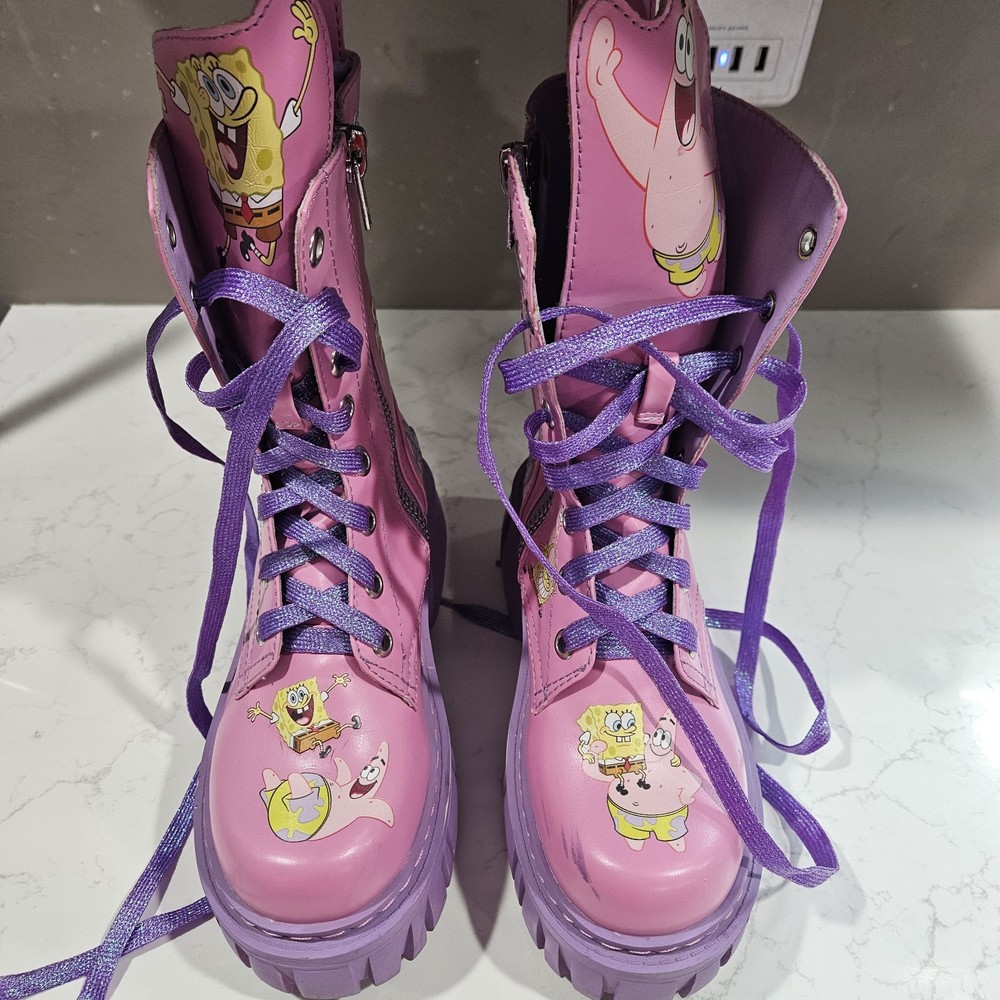 SpongeBob SquarePants Patrick Star Kids Pink Purple Lace-Up Zip Boots Size 6