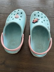 Youth Size 2 Light Blue With Pink Strap Crocs With White And Pink Stripe