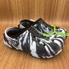 Crocs Baya Lined Marbled Clog Kids Size J3 Black White 211918-0C4 Faux Fur NEW