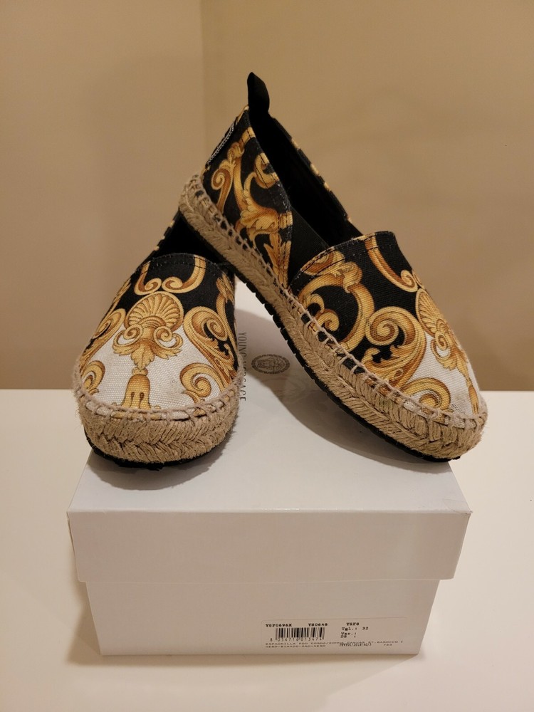Young Versace logo black gold barocco print espadrilles size 32 EUR/13.5US