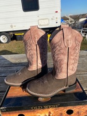 Child size 3 brown leather square toe Old West cowboy boots w/dusty pink shaft