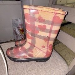 Kids Plaid Heart Pattern Rain Boots Rubber Waterproof Beige Red Brown Size 1.5