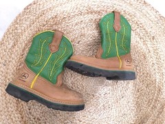 Boys John Deere JD2186 Leather Brown Green Western Boots Cowboy Youth Size 10 Ki