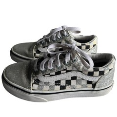 Vans Kids Old School Low Silver Black & White Checkerboard Skate Shoes Size 2