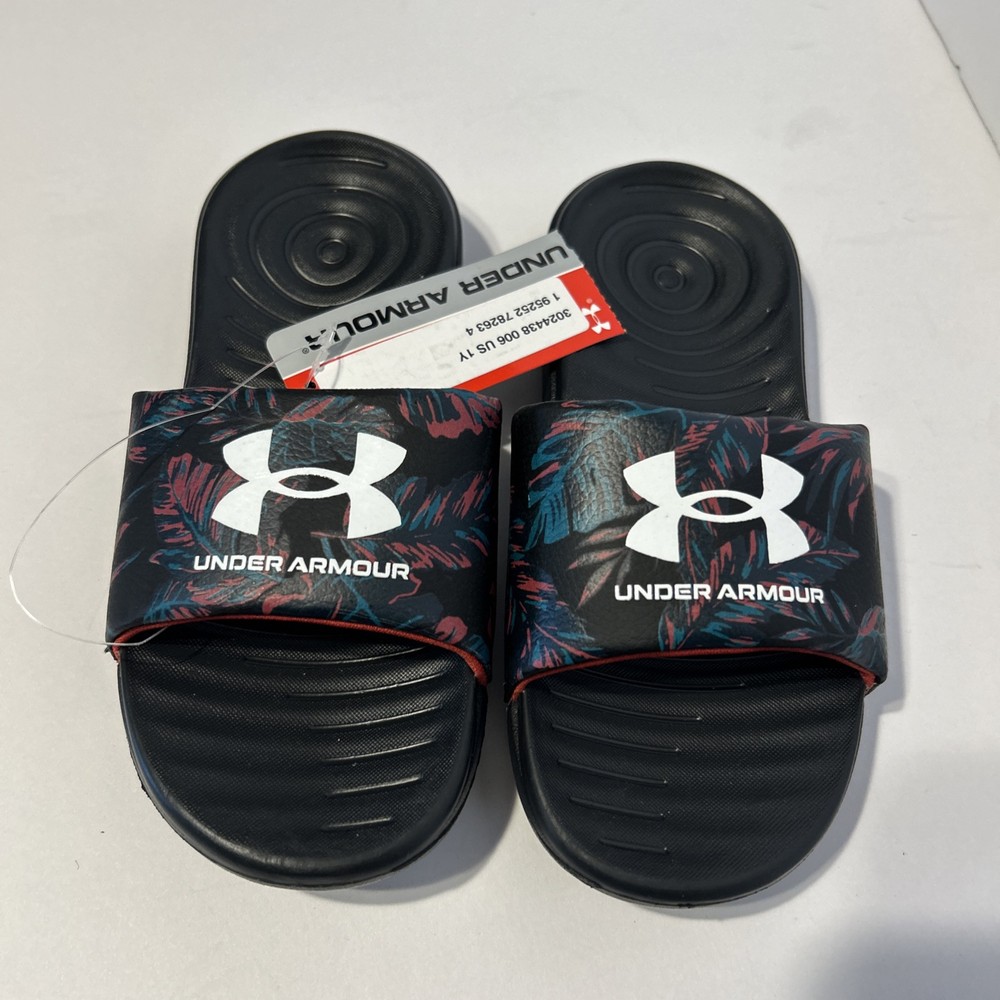Under Armour Kids Ansa Graphic Fixed Strap Slide Sandals, Size 1Y Black New