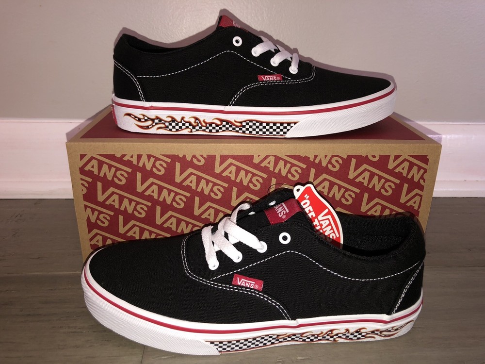 NEW Vans Doheny Flame Check Sidewall Black White Red Skate Shoe Youth Size 6 Y