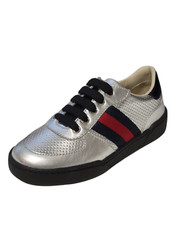 NIB New Gucci Kids Silver Sneakers with Web Stripe Sizes 29 30 31 32 38