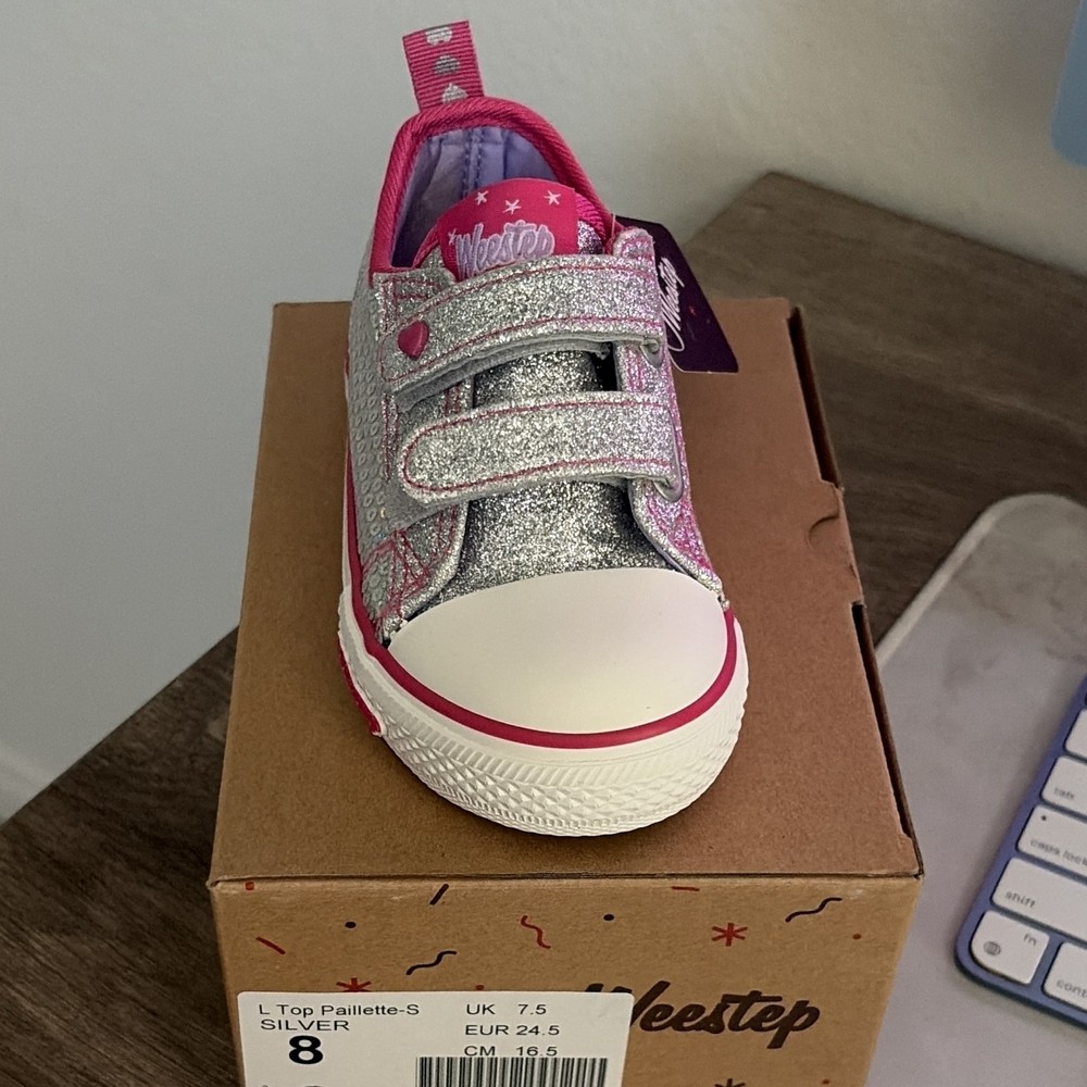Weestep L Top Paillette-S Low Top Hook & Loop Glitter Sneaker Silver US 8
