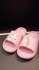 Pink Kids Slide Sandals Unicorn Rainbow Accents Flat Summer Casual