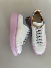 Alexander McQueen Kids Oversized Leather Sneakers (White with blue heel tab and