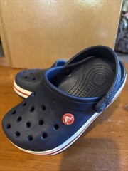 Crocs Kids Size J 1. Navy Blue With White& Red Trim Ex Preowned Condition