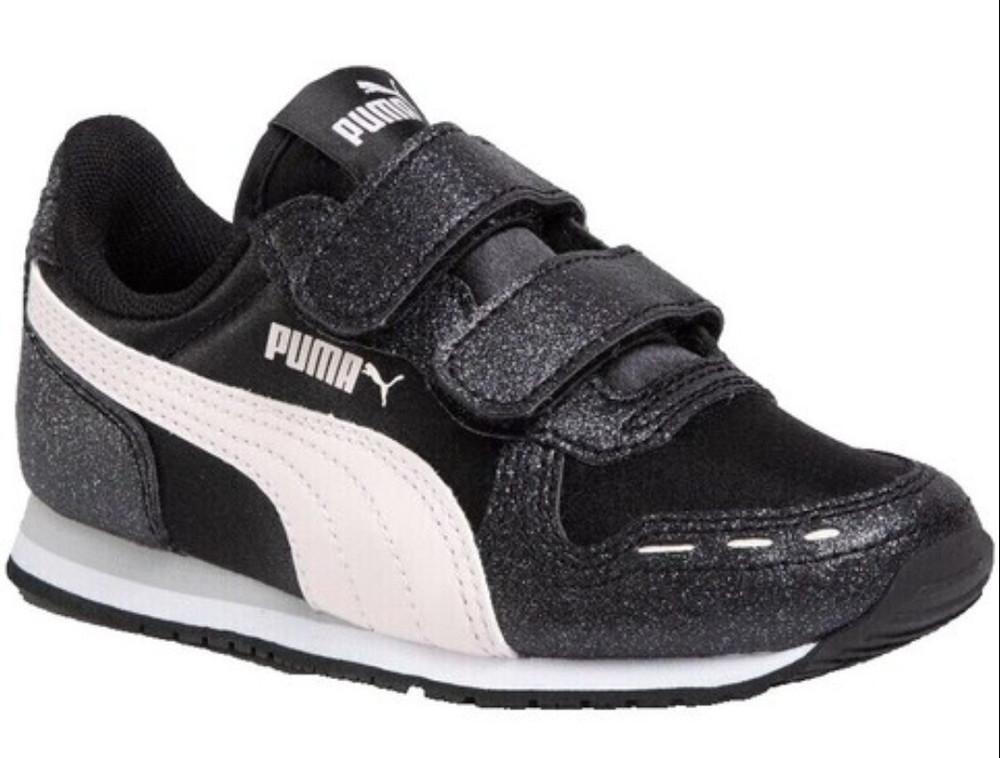 PUMA Cabana Racer Glitz V PS Kids Sneakers Glitter Hook & Loop Black/White 2.5C