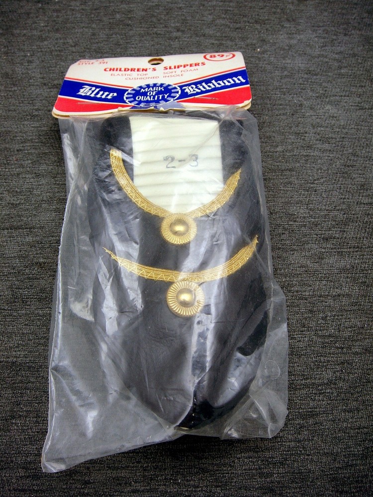 Childrens Slippers Blue Ribbon Brand Black Size Youth 2-3 Sealed House Shoes VTG