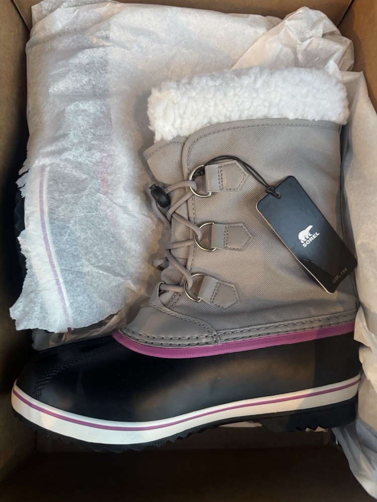 Sorel Yoot Pac Nylon WP Winter Boots In Chrome Grey/Black/Pink Big Kid Size US 6