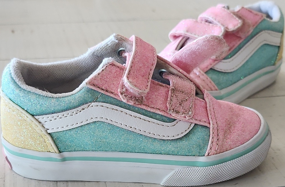VANS Old Skool V Glitter Sneakers Pink Blue Yellow Hook & Loop Toddler 7.5