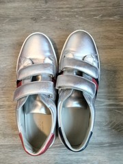 $310 GUCCI Silver Leather Red Blue WEB Sneakers 37 Shoes
