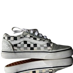 Vans Kids Old School Low Silver Black & White Checkerboard Skate Shoes Size 2