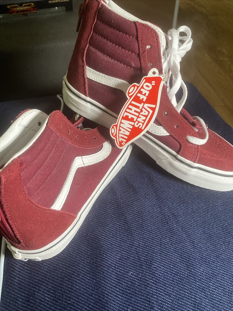 Vans Off The Wall Shoe Maroon & White High Top Skater Kids Size 2.5