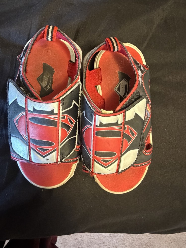 DC Comics Superman Unisex Kids Sandals Red Black White Hook & Loop Flat Low Top