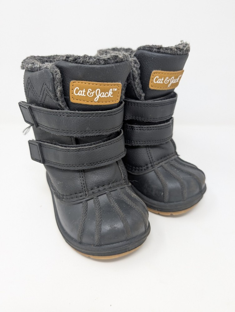 Cat & Jack Toddler Winter Snow Boots Black Faux Fur Lined Duck Boot Size 6