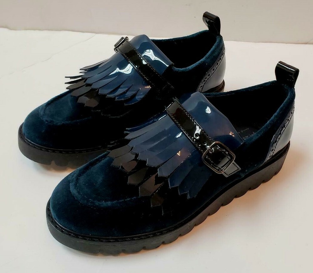 NIB Beautiful Designer MANUELA DE JUAN Blue Velvet/Patent Leather Shoes 32 SPAIN