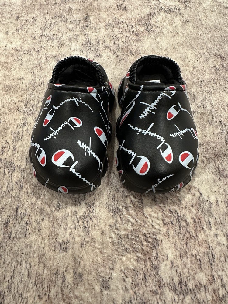 Champion University Black Super Meloso Script Clog Slippers White Toddler Size 6