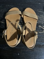 Copper Key Beige Flat Sandals Buckle Accents Ankle Strap Synthetic Casual