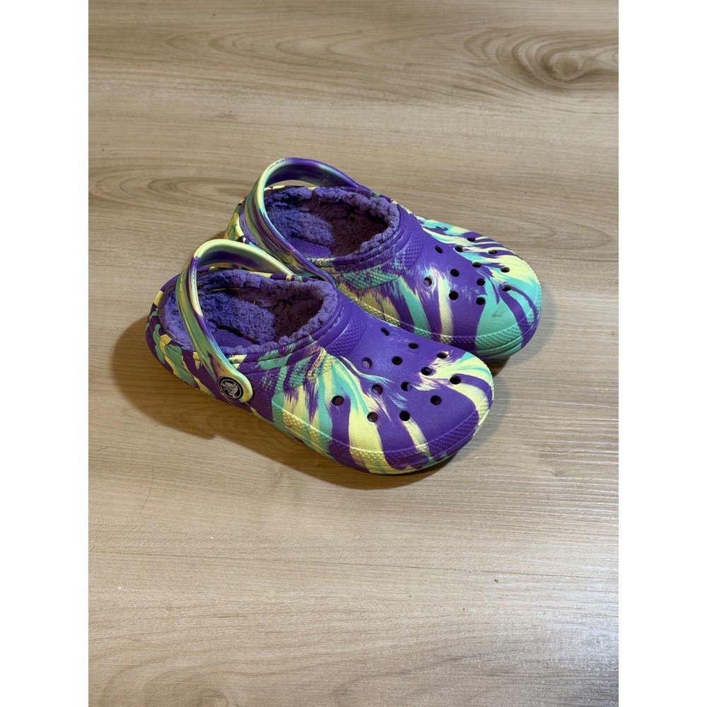 Crocs Classic Lined Tie Dye Clogs Kids J3 Purple Yellow Aqua Swirl Slip On