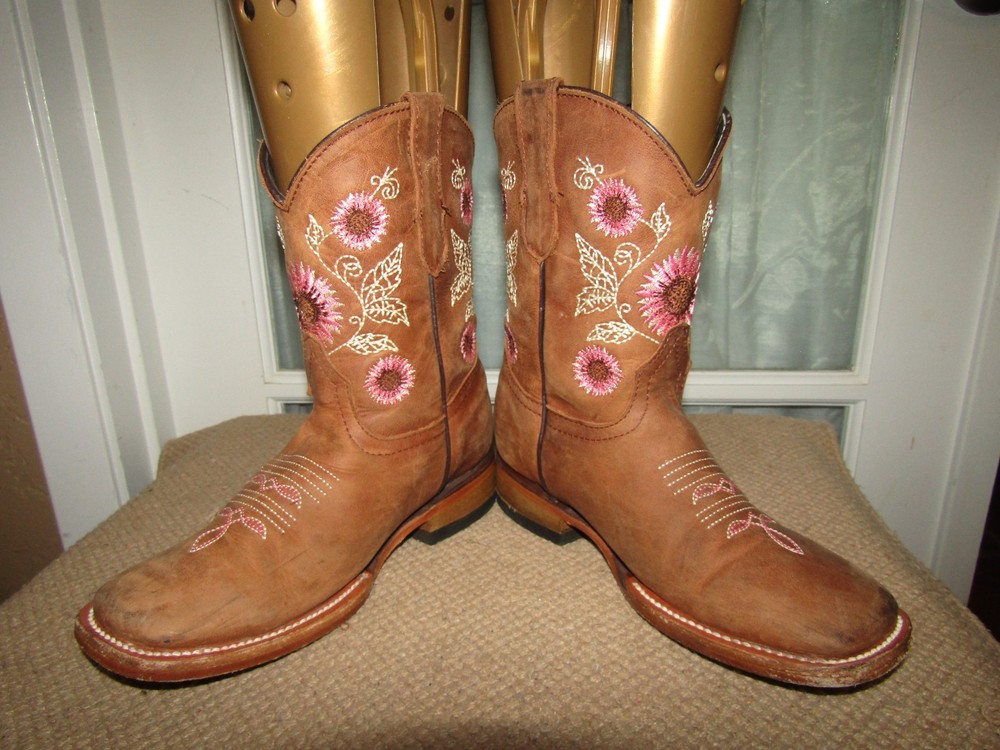 Mexico Square Toe Western Boots Floral Embroidered Leather Youth sz US 1 Mex 21