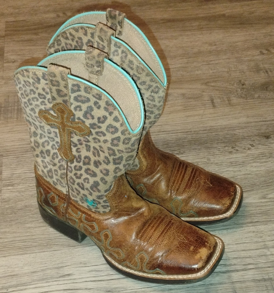 Ariat Kids Western Mid-Calf Boots Leopard Print Pull-On Square Toe US 2 EU 33