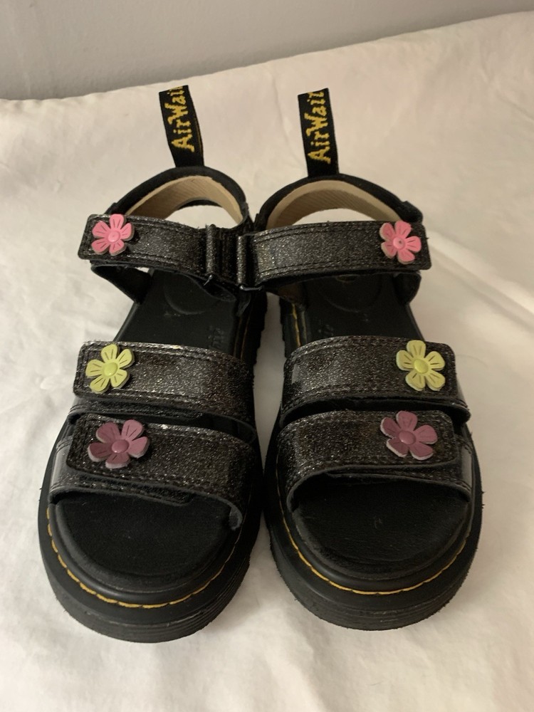 Doc Dr. Martens Kids Black Glitter Klaire J Sandals With Flowers Size 3