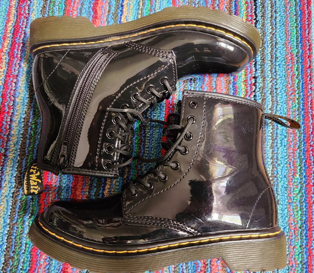 Dr. Martens 1460J Black Shiny Leather Lace Up Side Zip Ankle Boots Kids US 2