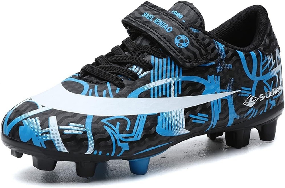 S-LieNiao Soccer Cleats Kids Size 5 Black Blue Graphic Lace Up Studs Firm Ground