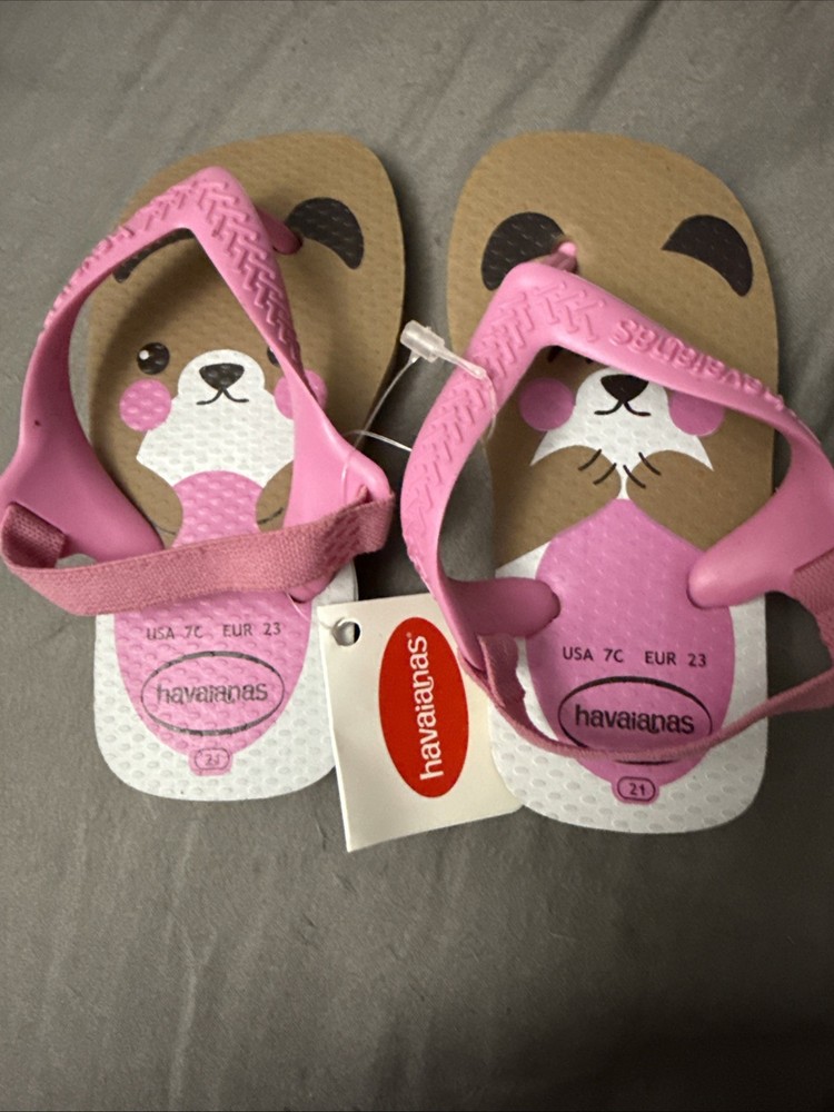 NWT HAVAIANAS FLIP FLOPS Pink & Brown Teddy BEAR Back Strap US 7 CHILD SANDALS