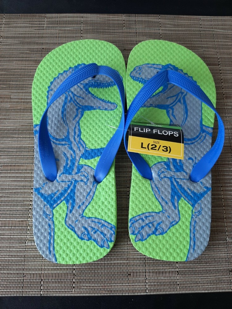 Kids Boys Dinosaur T-Rex Flip Flops Sandals Size L 2/3 Green Blue New With Tags