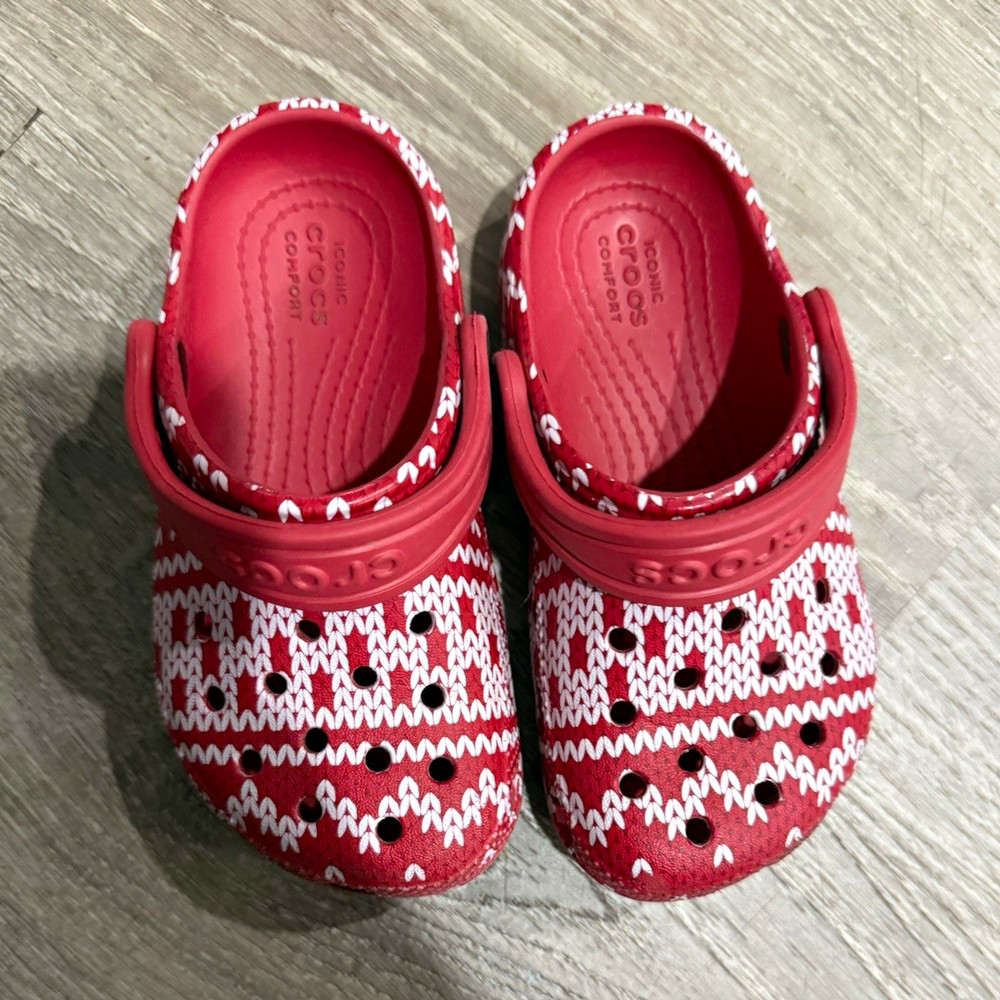 Crocs Classic Kids Fair Isle Red/White Slip-On Clog Casual Shoes US toddler 9