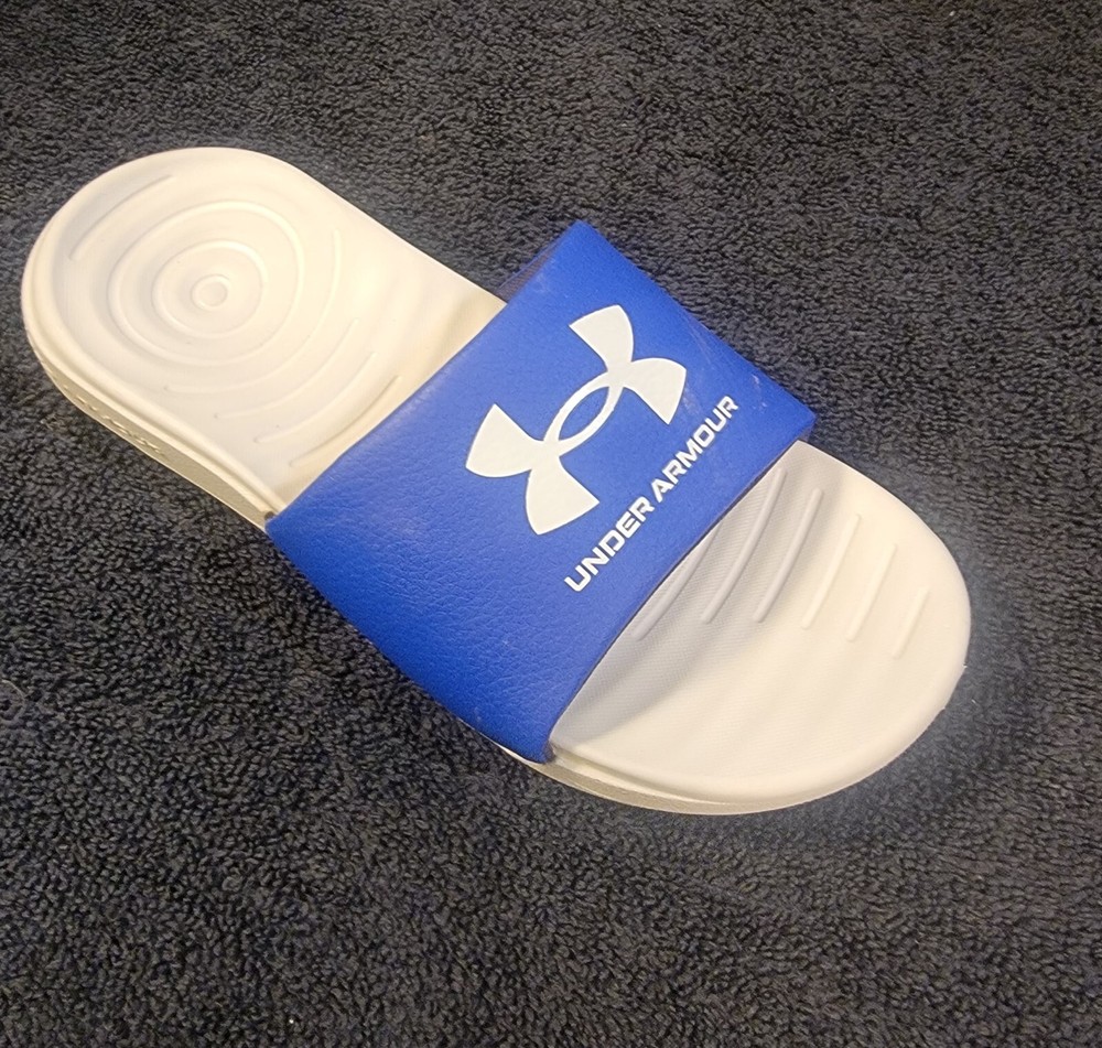 Under Armour unisex blue & white fixed strap slide sandal size 1y