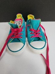 CONVERSE ALL☆STAR LOW TOP JR SZ 13. TEAL, HOT PINK, YELLOW. DOUBLE TONGUE.