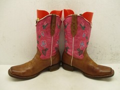 Kids Brown Pink Leather Square Toe Embroidered Cowboy Boots Size 21 MEX