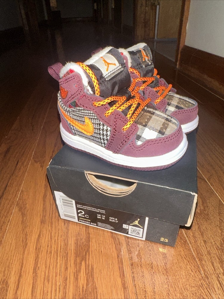 Size 2C Jordan 1 Mid SE (TD) Night Maroon/Total Orange FD5462608 Worn Once