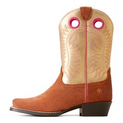 ARIAT YOUTH DERBY MONROE WESTERN BOOT – SIZE 6 YOUTH – GOLD/PNK/BROWN