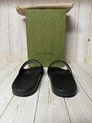 Gucci Embroidered Stripe Logo Canvas Slide Sandals Black Multicolor Sz 31 / 13